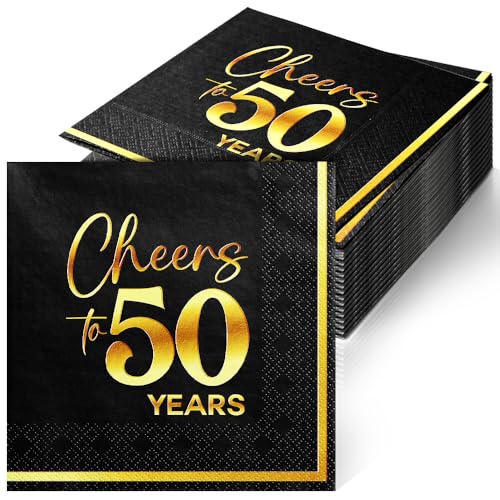 JOYGATHER Cheers to 50 Years - 50PCS Black & Gold Foil Cocktail Napkins, 3-Ply Disposable Paper 5x5 Inches 50th Birthday Napkins Decorations, Wedding, Anniversary, Party Men & Women
