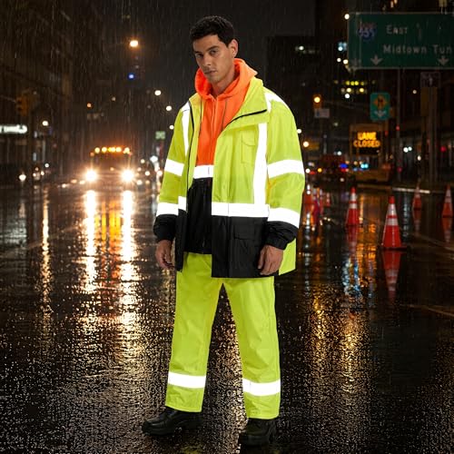 Image of SRsafety High Visibility Rain Gear, Class 3 High Visibility Work Rain Gear for Men, Construction Rain Suits