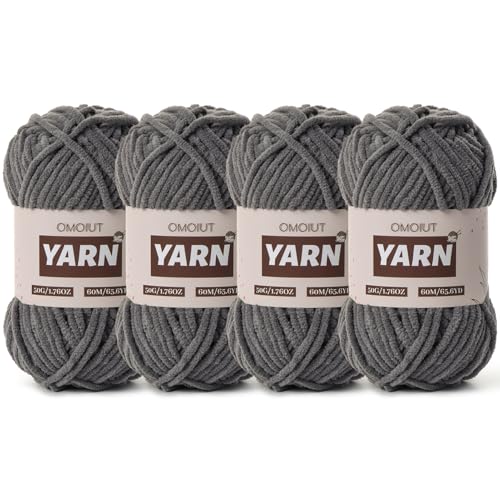 Image of 4 Packs Plush Chenille Chunky Crochet Yarn - Baby Yarn for Crocheting Soft - Velvet Yarns Knitting for Blankets Crafts - Fluffy Amigurumi Yarns 200g /262.5yds (4 Dark Gray)