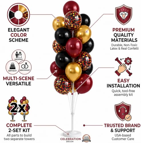 Image of Hiins Balloon Column Kit Set of 2, Burgundy Black Gold Birthday Party Decor