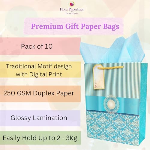 Image of Flora Paperbags Gift Bags -Wedding Paper Bags For Return Gifts |Medium |Paper Bags -Goodie Bags With Tissue Paper And Thank You Card Gift Tag |Pack Of 10 |Size 12X9X3.5 Inches,Wed-Grn-10-Blue