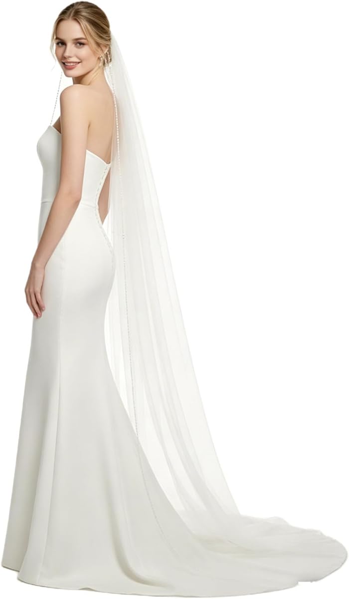 Wedding Veil Pearls and Crystals Beaded Edge 1 Tier Fingertip Length Bridal Veil