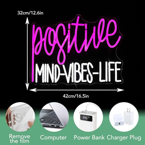Image of Positive Mind Vibes Life Neon Sign Pink White LED Neon Light for Wall Decor Dimmable Positive Light Up Sign for Classroon Office Girls Living Room Home Bar Club Salon (16.5''*12.6'')