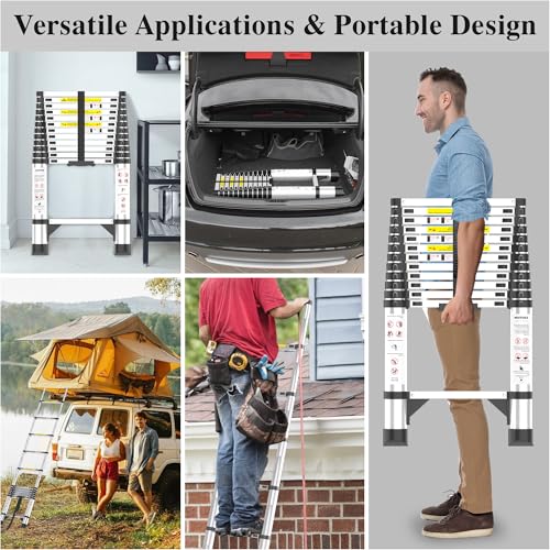 Image of Telescoping Ladder, 12.5 FT Aluminum Extendable Ladder, 330 Lbs, Silver | Telescopic & Retractable, Collapsible Extension Ladder for House, Roof, RV & Travel Trailer