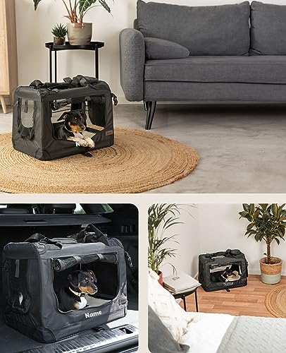 lionto Hundetransportbox faltbar für Reise & Auto, 50x34x36 cm, stabile Transportbox mit Griffen & Decke für Katzen & Hunde bis 10 kg, Hundebox aus Stoff für klein & groß, schwarz (Namensaufdruck)