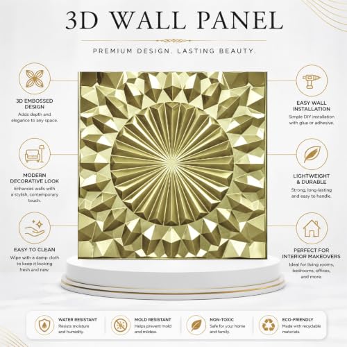 Image of Kayra Decor 3D PVC Wall Panels for Bedroom & Living Room | Mandala Design | Champagne Gold Color | 19.7 x 19.7 Inch | Pack of 12 | 32.28 Sq Ft