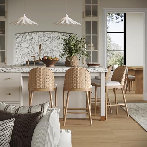 Image of Nathan James Rikki Seagrass Bar Stool with Back, 4-Pack Boucle Counter Stool with Upholstered Seat, Solid Wood Frame, and Woven Seagrass Backrest