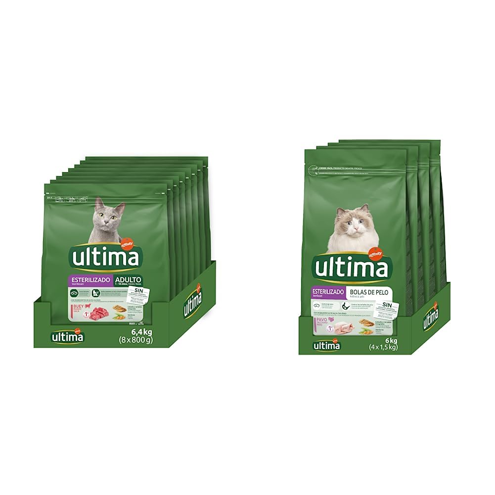 ultima Pienso para Gatos Esterilizados Adultos con Buey, Pack de 8 x 800g - Total: 6.4kg & Pienso para Gatos Esterilizados para Prevenir Bolas De Pelo con Pavo - 4 x 1.5 kg