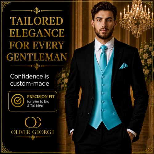 Image of Oliver George 4pc Men's Solid Formal Suit Waistcoat Tuxedo Dress Vest Necktie Bowtie Handkerchief Set for Suit or Tuxedo