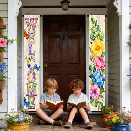 Image of Nuxovilar Welcome Floral Butterfly Door Banner Polyester 70x12 In
