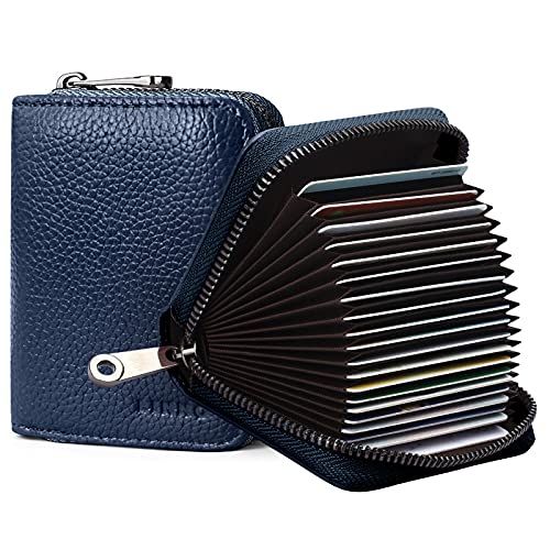 Image of LINNO RFID 20 Card Slots Credit Card Holder Genuine Leather Small Card Case for Women or Men Accordion Wallet with Zipper, Dark Blue,
