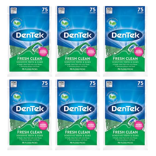 dentek fresh clean floss picks, for extra tight teeth, 75 count, (pack of 6)