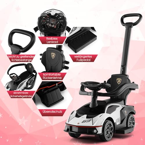 DREAMADE Rutschauto Lamborghini, 3 in 1 Rutschfahrzeug mit Schiebestange, Hupe, Stauraum & Verstellbarer Fußablage, Schiebeauto für Kinder 12-36 Monate – Bild 4