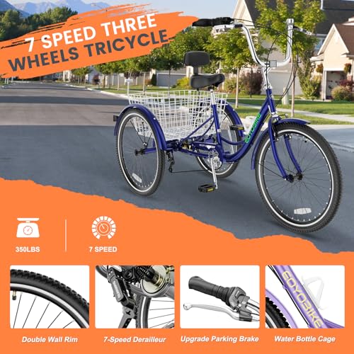 Image of Adult Tricycle, 7 Speed Adult Trike, 20 /24 /26 inch 3 Wheel Bike with Basket | Low Step-Through Frame, Wide Seat with Backrest, 350 lbs Capacity, Tricycle for Adults, Seniors, Women and Men