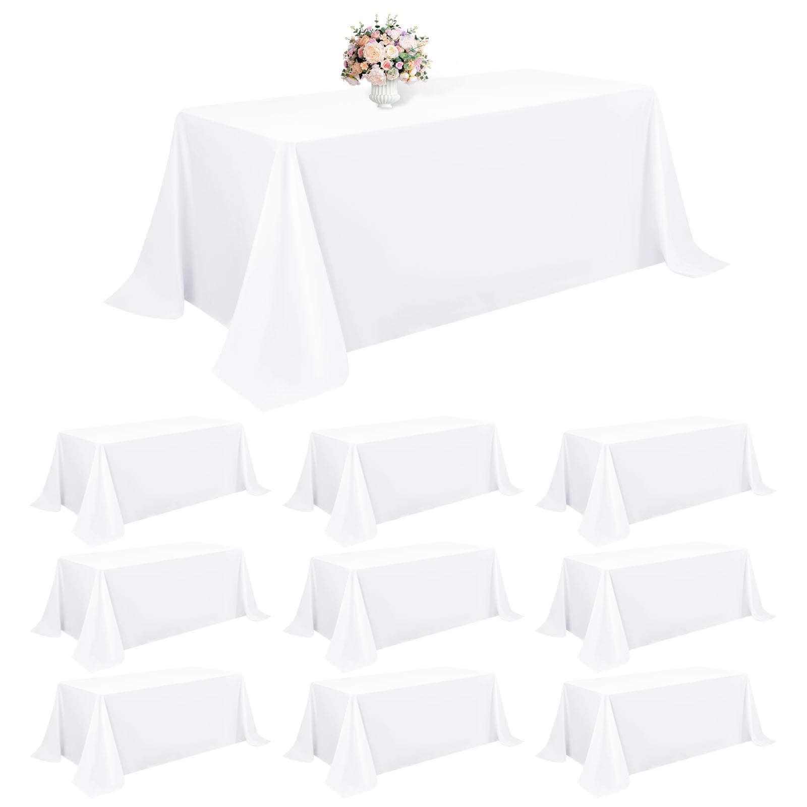 10 Packs White Polyester Tablecloth 90 x 132 inch Rectangle Table Cloth for 8 Foot Tables Wrinkle Resistant Washable Fabric Table Cover Polyester White Table Cloth for Party, Wedding, Banquet