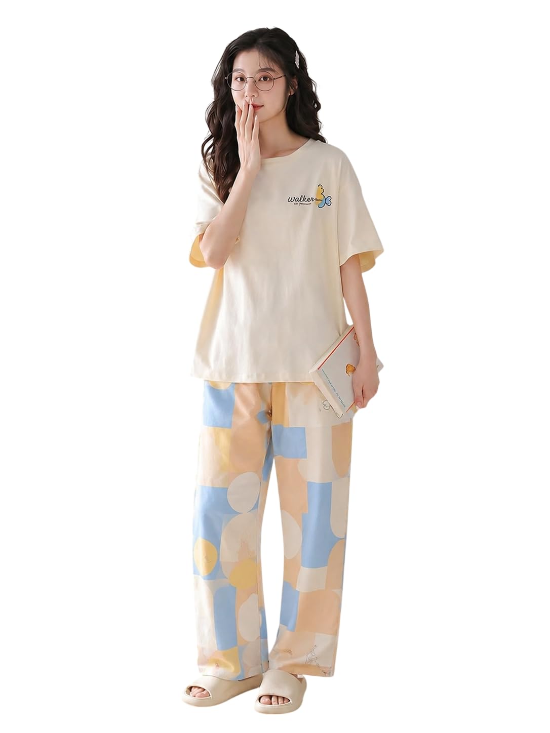 FERY London Women’s Korean Style Looper Fabric Nightsuit Set | Cute Print Half Sleeve T-Shirt & Pajama Set | Soft Comfortable Nightwear & Loungewear for Women