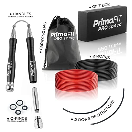 Image of PrimaFIT Skipping Rope for Adults Weighted Jump Rope Boxing for Men & Women | PRO Speed Jumping Rope, Fitness, Gym, Crossfit, Ball Bearings, 2x3m Adjustable Cables & Protectors, Additional Weights, Bag