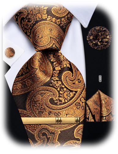 Image of YourTies Silk Paisley Floral Tie and Pocket Square Cufflinks with Lapel Pin Sets for Men 5PC Wedding Party