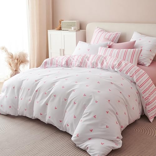 Image of Duvet Cover Twin Size White Pink Hearts Striped Reversible Comforter Cover Kids Girls Soft Microfiber Bedding Set with Zipper Closure and Pillow Sham