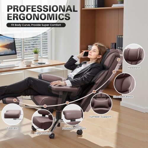Image of BestGlory Office Desk Chair, Big and Tall Leather Gaming Chair with Footrest, Wide Ergonomic Comfy Executive High-Back Reclining Computer Chairs, Swivel Rolling Wheels and Padded Lumbar Support,Coffee