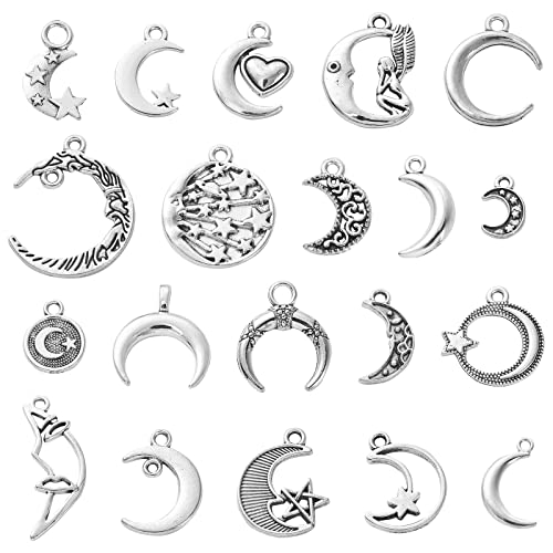 Stiesy 100Pcs 20 Styles Tibetan Silver Antique Crescent Moon With Star Charms - Vintage Hollow Dangle for Jewellery Making DIY Crafts