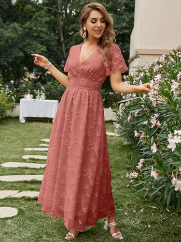 Image of Simplee Women's Boho Floral Maxi Dress Flowy Casual V Neck Short Sleeve Wedding Guest Holiday Beach Long Dress