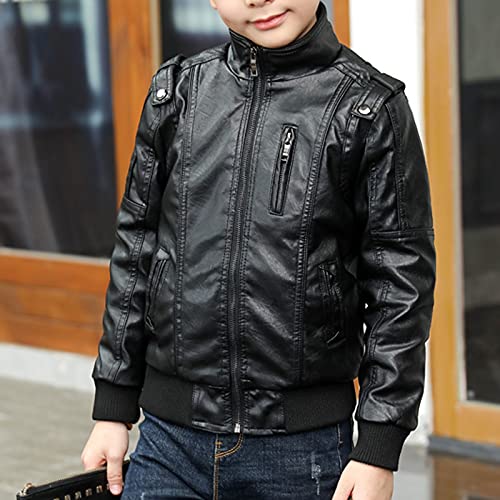 Toddler Kids Boys Jackets Motorcycle Leather Coats Fall Winter Outerwear Zipper Coat (Black, 9-10 Years)3