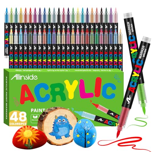Image of Allinside Acrylic Paint Markers, 48 Colors Soft Brush Tip Paint Pens, Waterproof Quick Dry Acrylic Markers for Rock Painting Wood Canvas Glass Fabric Stone Egg DIY Art Crafts Supplies