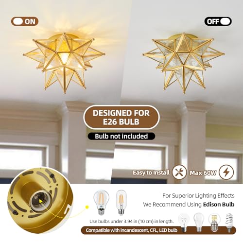 Image of Moravian Star Ceiling Light - 12.7 inch Brass & Hammered Clear Glass, Gold