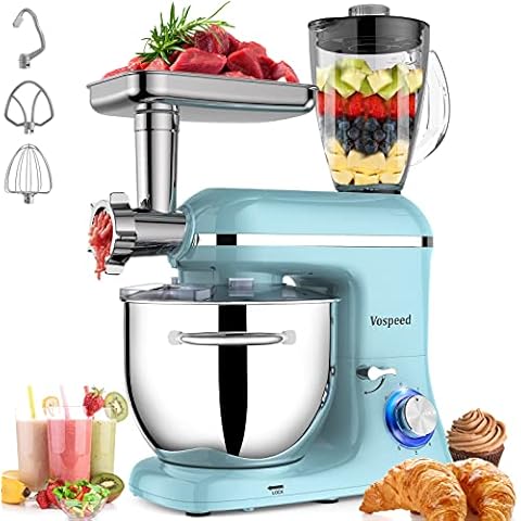 Vospeed 9 IN 1 Stand Mixer, 1500W Multifunctional Food Mixer 7L, Electric Kitchen Mixer with Mixing Bowl, Dough Hook, Whisk, Beater, Meat Grinder, Juice Blender, Dishwasher Safe (Blue) Cover