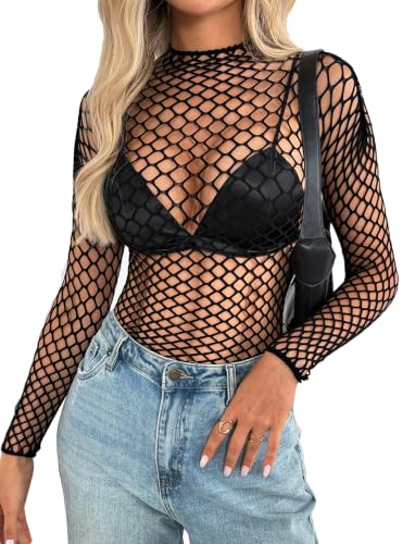 Image of Avidlove Women's Sexy Fishnet Mesh Long Sleeve Tops Mock Neck Sheer Lace See-Through Blouse Bodycon Clubwear Party Tops