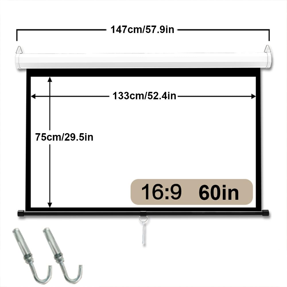 Schermo per Proiettore HD Telo Proiettore Manuale con Auto-bloccaggio,Schermo Videoproiettore per Home Theater,Cinema,Ufficio(60in/147cm)