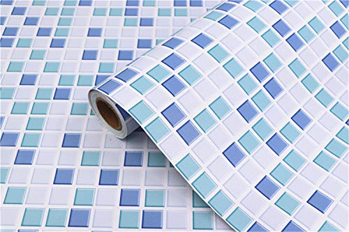 Blue Mosaic Wallpaper Self-Adhesive Removable Peel and Stick Wallpaper Matte 3D Effect Cleanable Kitchen Bathroom Shelf Paper Countertop Wallpaper Mosaic Paper Blue Wallpaper 15.7