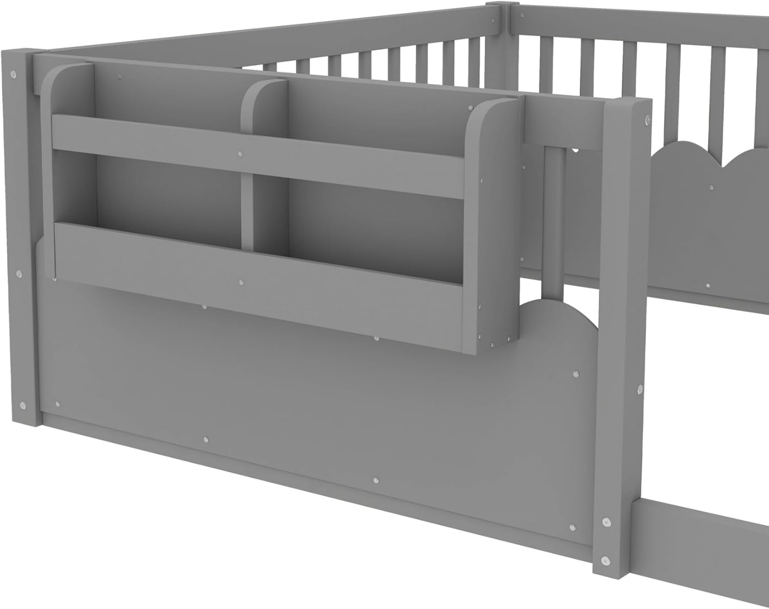 KEIKI Full Size Floor Bed Frame for Kids, Solid Wood Full Floor Day Bed with Heightened Safety Fence and Bookshelf, Montessori Kids Low Profile Bed Daybed for Bedroom, Easy Assembly, Gery