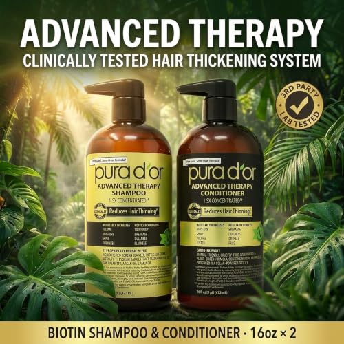 Image of PURA D'OR Advanced Therapy Biotin Shampoo & Hair Regrowth Conditioner Set For Hair Thinning, CLINICALLY TESTED Effective Thickening Results, For Women & Men, Invigorating Forest Scent, 16oz x2
