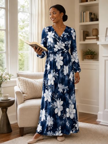 Image of PinkPatty Plus Size Dresses for Curvy Women V Neck Flowy Long Sleeves Wrap Maxi Dress Travel Vacation Outfits