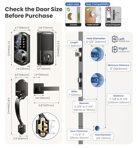 Veise VE07-H Fingerprint Smart Locks for Front Door with Handle Set, App Control, Keyless Entry Keypad Deadbolt, Digital Electronic Touchscreen, Easy Install, Auto Lock, Matte Black thumbnail 9