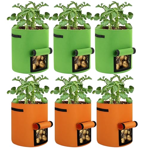 6 Pack Potato Grow Bags, 10 Gallon Planting Bags Large Fabric Pots with Flap Window Vegetable Planter Garden Pot Tall Potato Growing Containers with Handles for Vegetables, Fruits, Green + Orange