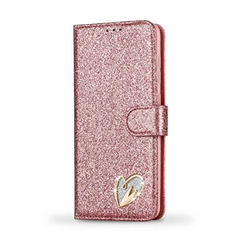 A20E Handyhülle Kompatible mit Samsung Galaxy A20E Hülle Flip Case Liebe Glitzer Strass Leder Tasche Flipcase Cover Schutzhülle Handytasche Telefon Skin Ständer Schale Bumper Magnet Clip Roségold