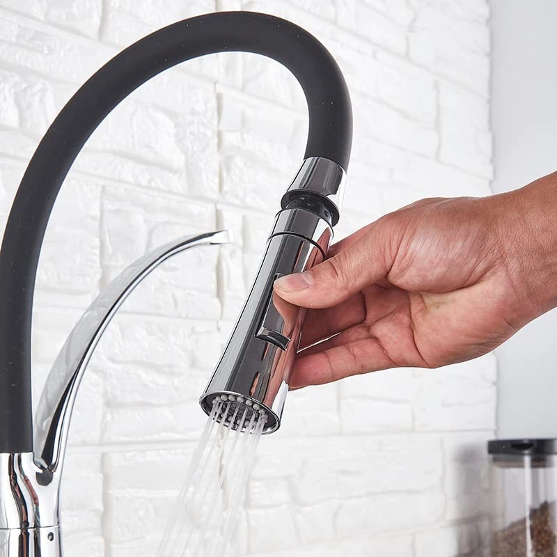 Image of INART Designer Brass Single Handle High Arc Kitchen Sink Faucet /Hot & Cold Water Mixer Tap with Sprayer Multitask Mode- Black Color