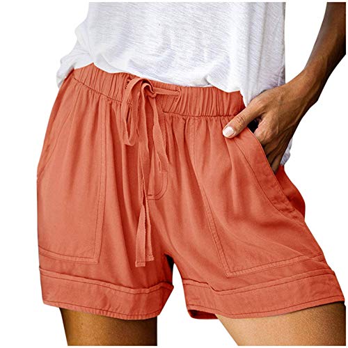 Women High-Waist Elastic Waist Shorts with Pockets Cotton Loose Casual Drawstring Women Sports Running Beach Pants Cover