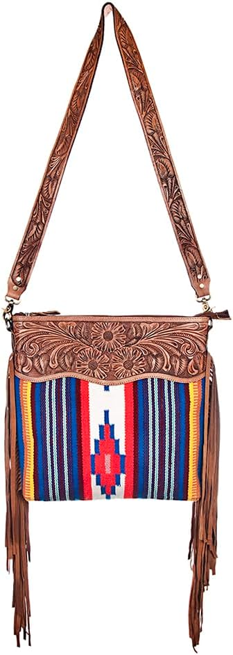 American Darling Signature Cross body Bag Handcrafted from Hand Tooled Floral Leather & Woven Saddle Blanket with Fringes