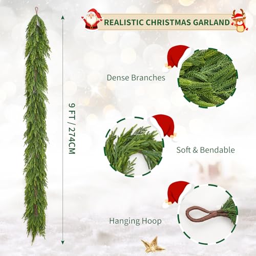 GarveeHome 9 Ft Realistic Christmas Garland, Real Touch Norfolk Pine Garland for Mantle, Dense Artificial Greenery Garland Decorations for Fireplace Stairs Railing Dining Table Indoor Outdoor, 1 Pcs