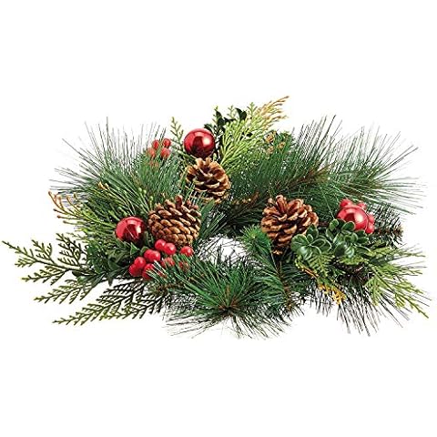 TenWaterloo 12 Inch Christmas Candle Ring with Pine Cones, Red Ornaments and Artificial Mixed Pine Cover