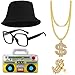 BIQIQI Kit de Costume de Hip Hop Homme Années 90 Années 80 Rappeur pour Accessoires, Chapeau de Seau or Signe de Dollar Collier Chaîne Anneau Collier Boîte de Boom Décor Thème Fête Adulte Années 80