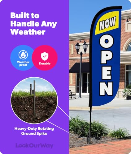 Image of LookOurWay Feather Flag Pole Kit - 7 Feet Tall Advertising Banner with Fiberglass Pole Set and Ground Spike for Business Promotion - Open Flags - Now Open Blue & Yellow