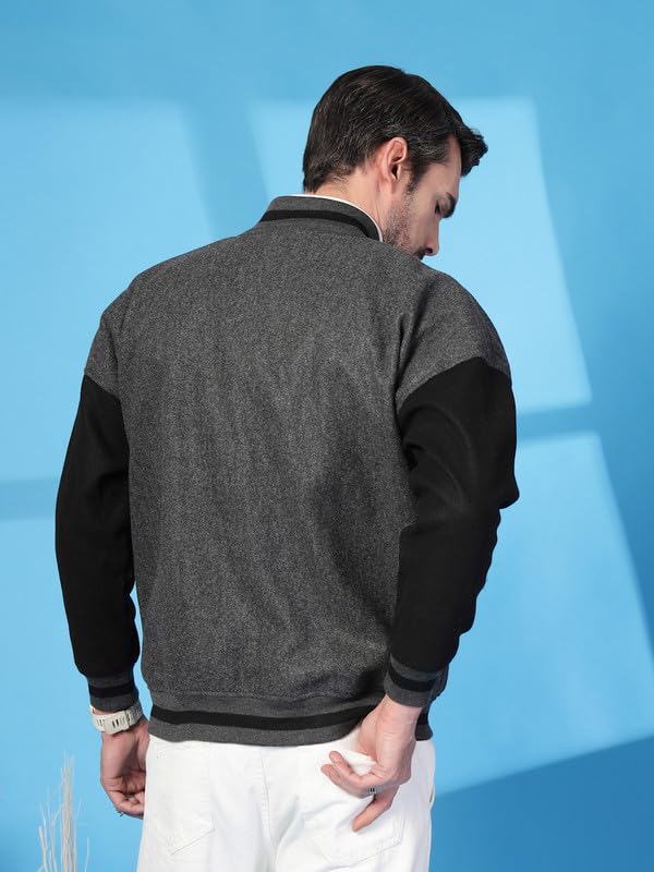 Image of CHKOKKO Men's Oversized Varsity Jacket with Snap Button Closure and Patch Design Trendy Comfortable Outerwear for College Travel and Casual Wear