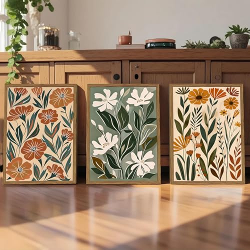 Framed Boho Floral 3 Piece Wall Art,Mid Century Modern Abstract Flower Pictures Wall Decor,Minimalist Botanical Floral Canvas Prints for Living Room Bedroom Office 16x24 Inch by SQCXINA - Used condition - Image 9