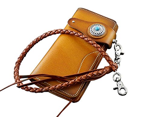 Men Turquoise Concho Leather Long Handmade Biker Wallet W/Braid Leather Chain2