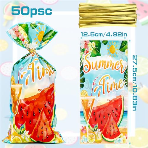 Cxryrzhe Zellophanbeutel für Leckereien, Sommer-Stil, Wassermelone, Zellophan, Süßigkeiten, Kekse, Geschenktüten, 12,7 x 26,7 cm, mit Bindebändern für Snacks, Bäckerei, Geburtstag, Hochzeit, Party, 50
